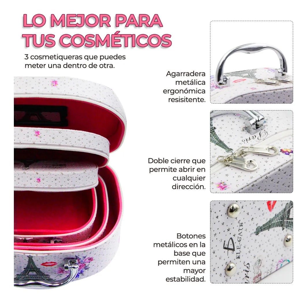 Kit de 3 cosmetiqueras con espejo para viaje