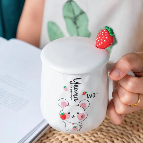 Taza de cerámica con dibujo de ratón tapa y agitador