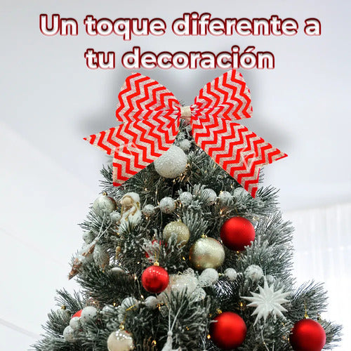 Moño De Navidad Decorativo Grande Rojo Con Patrón Dorado