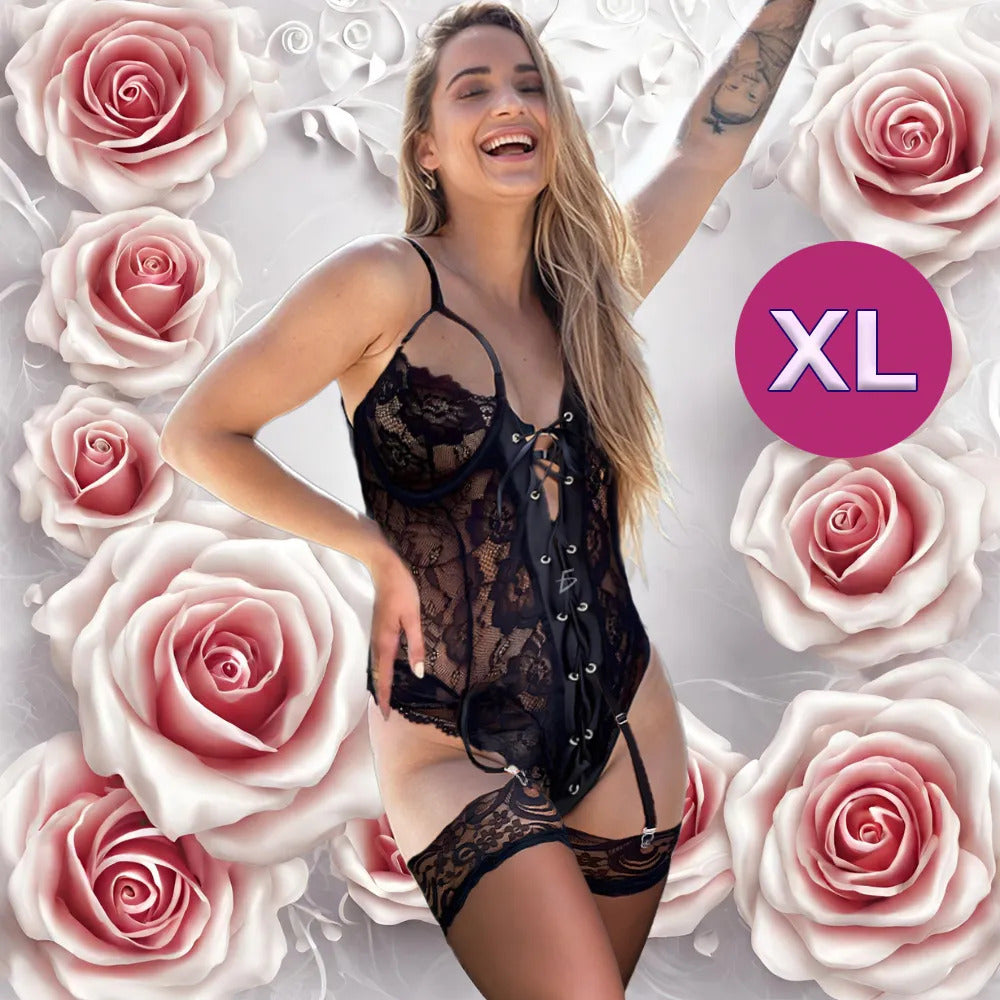 Corsé negro de encaje con liguero y medias talla xl negro XL