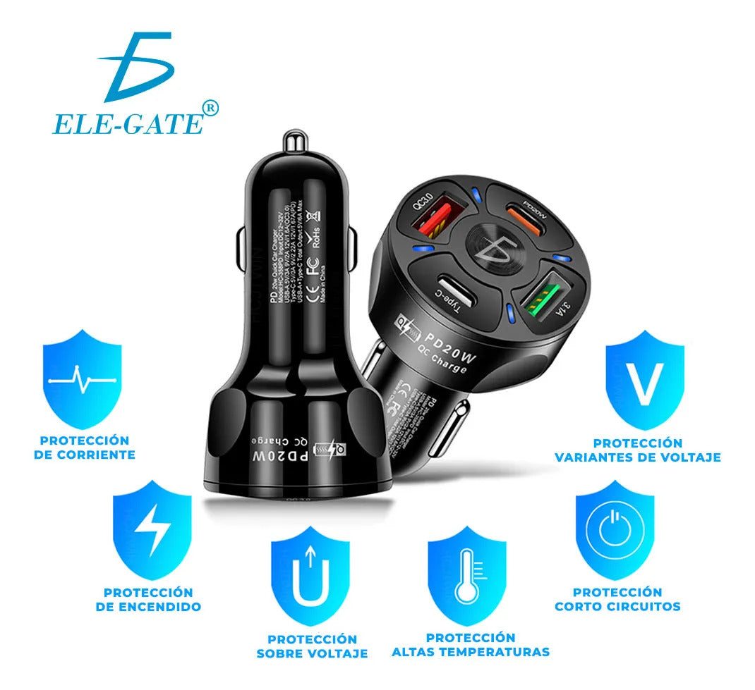 Multicargador Para Automovil Coche Qc3.0 Pd 20w Usb3.1a