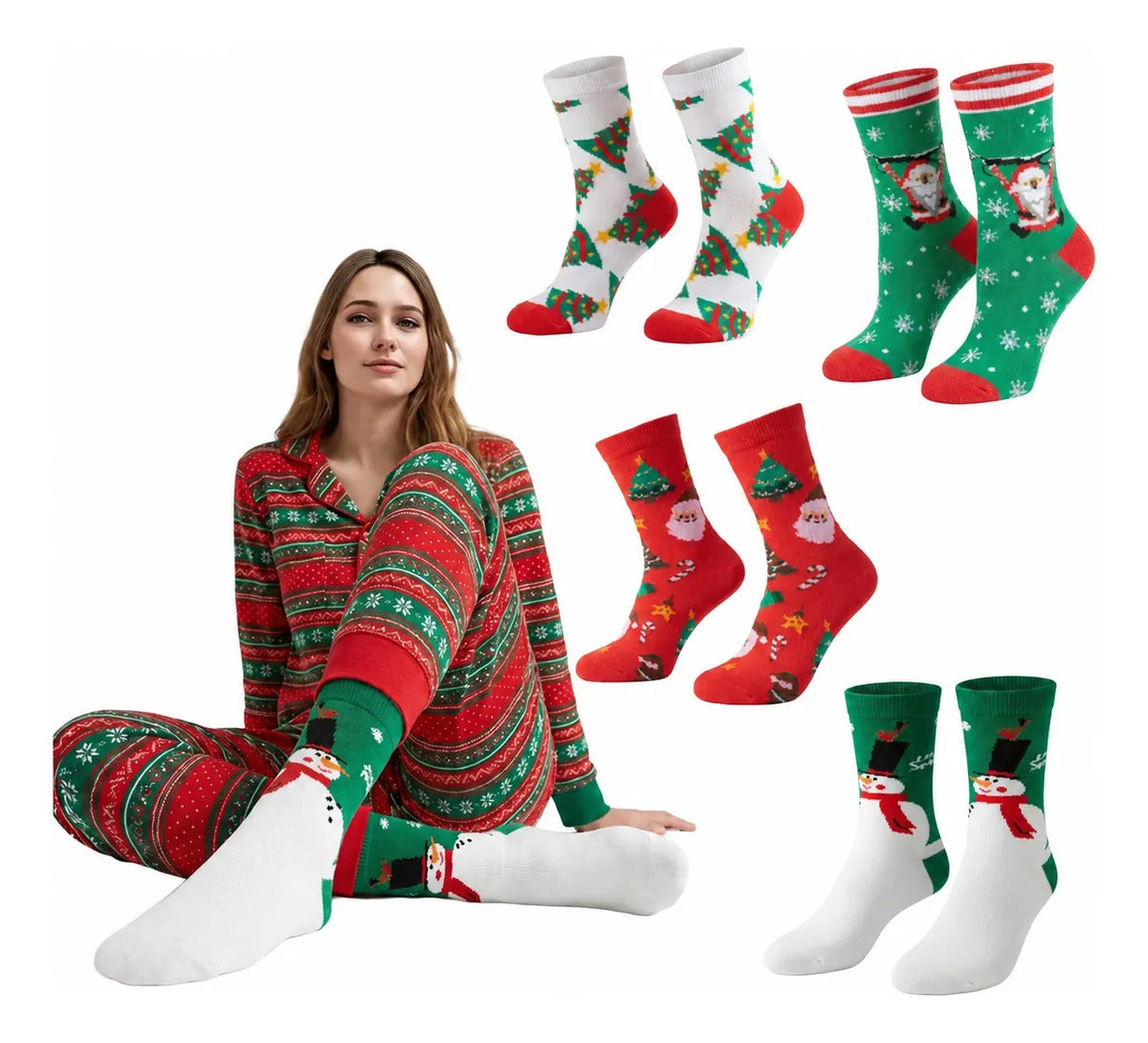 Set De Calcetas Navideñas Térmicas Para Toda La Familia Rojo Único