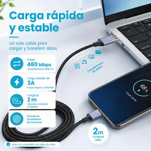Cable Usb-a A Usb-c De 2m Nylon Trenzado Carga 3a Y