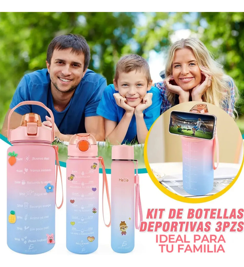 Botellas Vasos 3en Trio Motivacional Agua Popote Gym