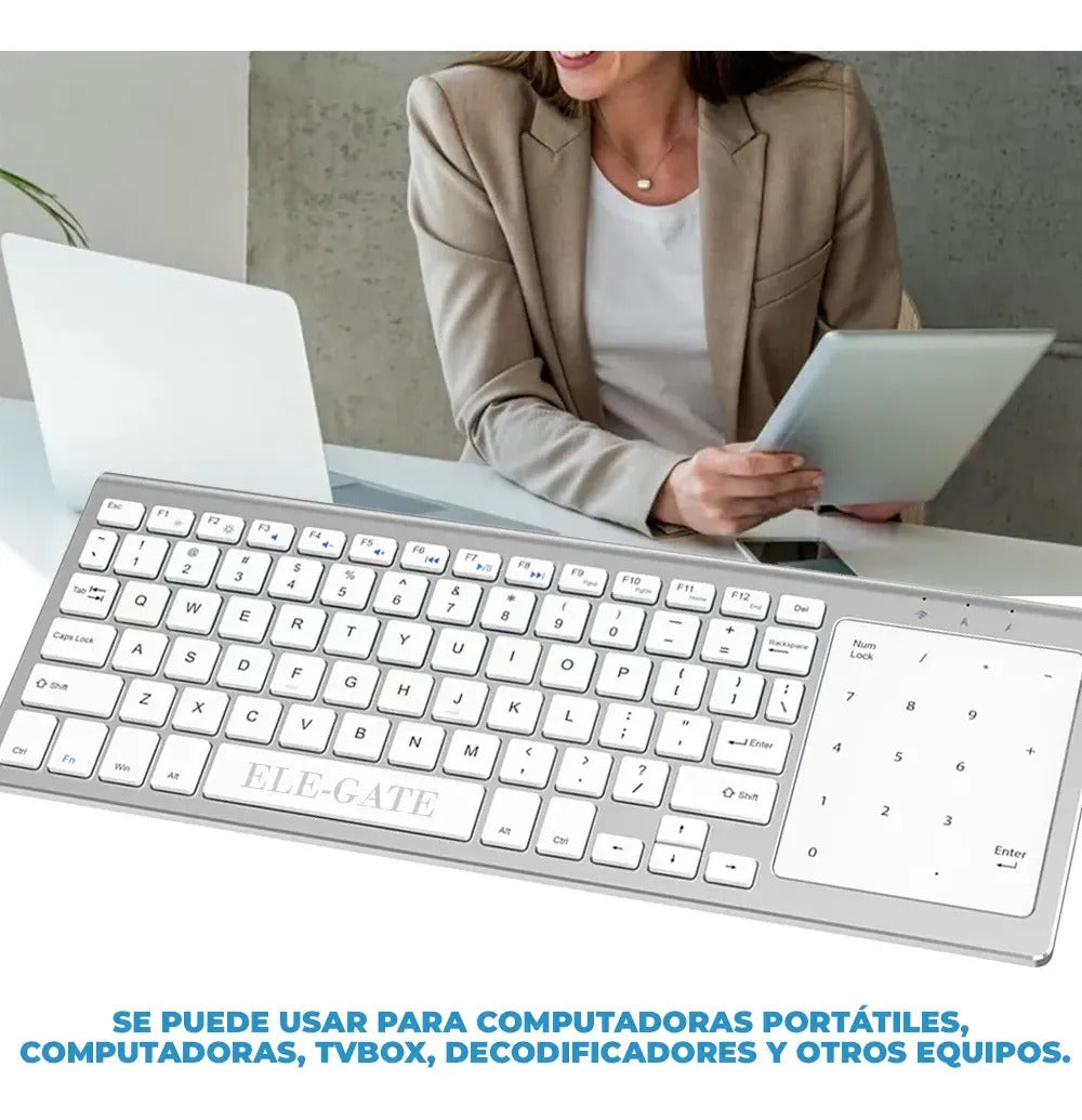 Teclado inalámbrico blanco con touchpad numérico