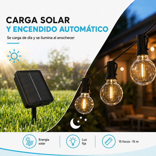 Guirnalda Solar G40 De 7.5 M Con 10 Focos Luz Cálida Y Negro