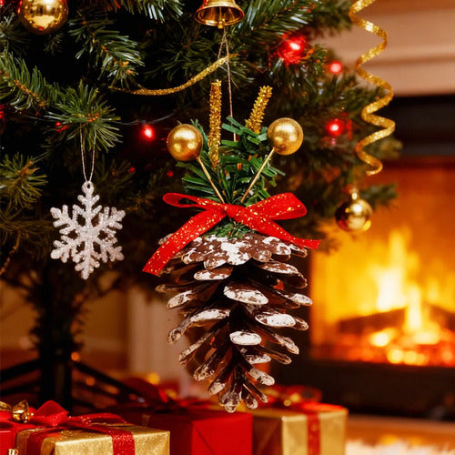 Set De 6 Ornamentos Navideños De Garapiña Con Follaje Y Dos