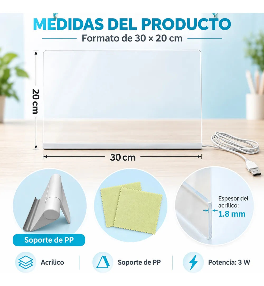 Pizarra Acrílica Led 35x26 Cm Usb Para Dibujar Escribir Y