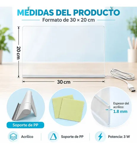 Pizarra Acrílica Led 35x26 Cm Usb Para Dibujar Escribir Y