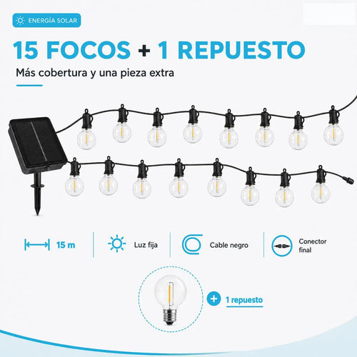 Guirnalda Solar G40 De 15 M Con 15 Focos Y 1 De Repuesto Negro