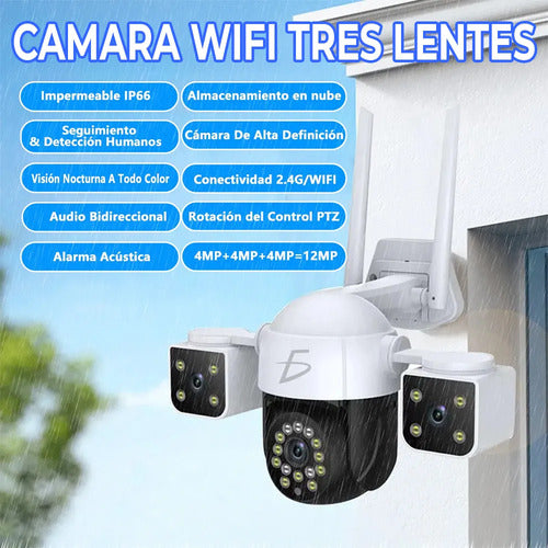 Cámara De Seguridad Wifi 3 Lentes 4mp Hd 360 Exterior