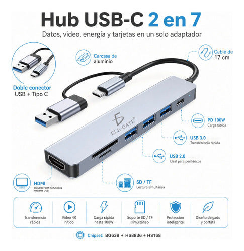 Hub Usb-c 7 En 1 Con Hdmi 4k Usb 3.0 Pd 100w Sd Tf Y Doble
