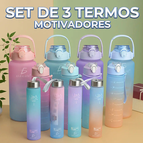Botellas Vasos 3en Trio Motivacional Agua Popote Gym