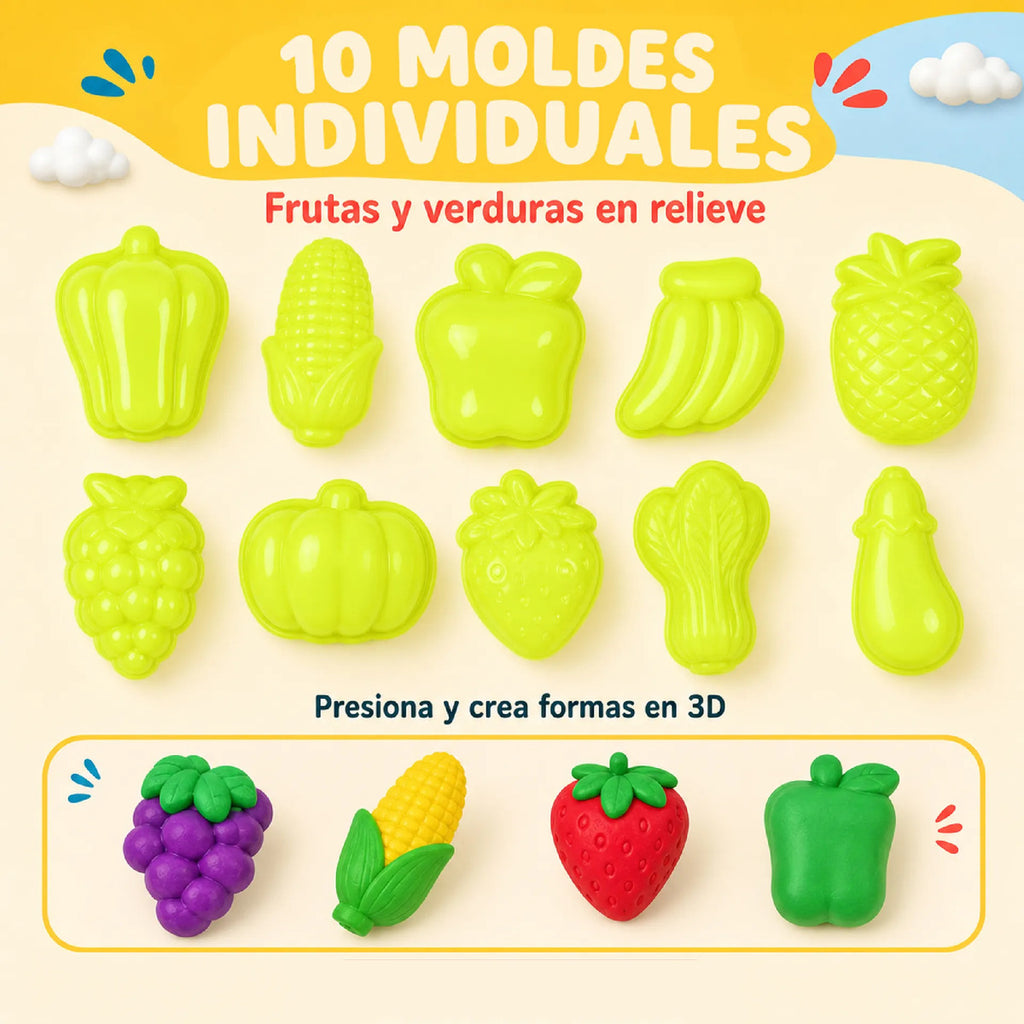 Kit De Plastilina Infantil Con Moldes De Frutas Y Verduras