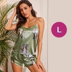 Pijama sexy de satén con estampado de elefantes para mujer verde musgo L