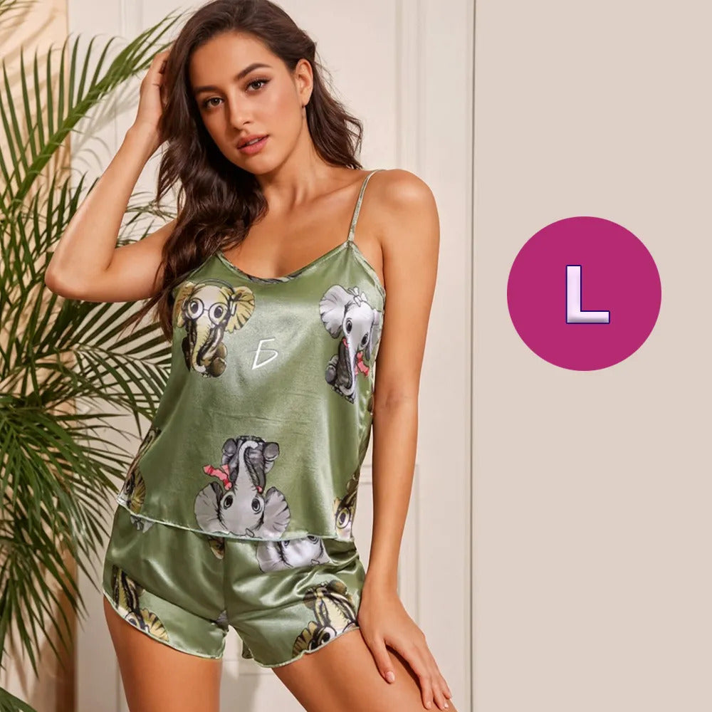 Pijama sexy de satén con estampado de elefantes para mujer verde musgo L