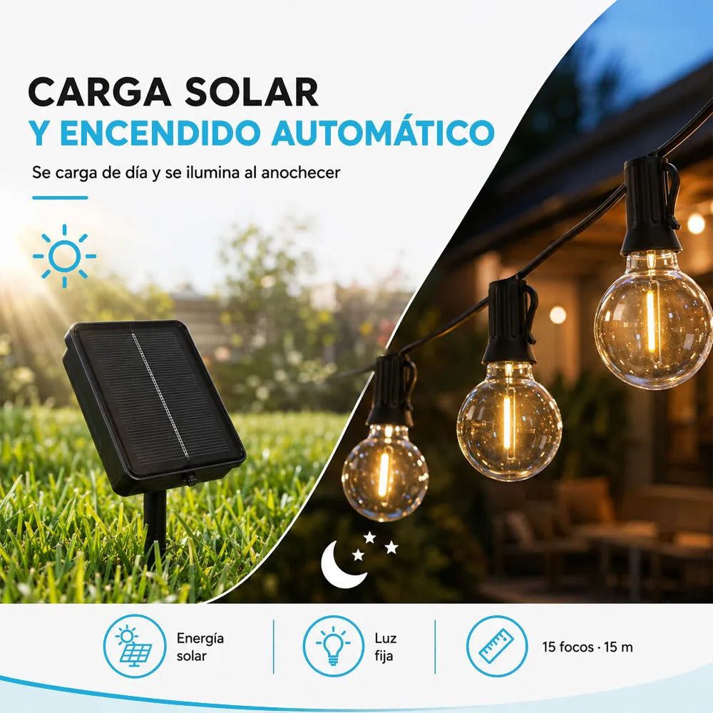 Guirnalda Solar G40 De 15 M Con 15 Focos Y 1 De Repuesto Negro