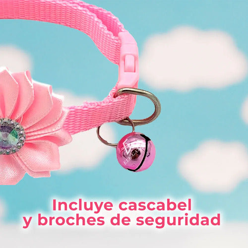 Collar Ajustable Con Flor Y Cascabel Para Perro Y Gato Rosa