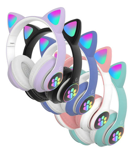 Diadema Gato Bluetooth Auriculares Colorido Led Luminoso Rosa