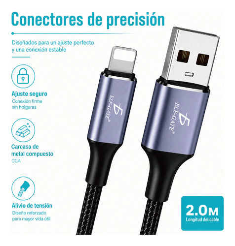 Cable Lightning Usb-a 2 Metros Trenzado Carga 2.4a Para
