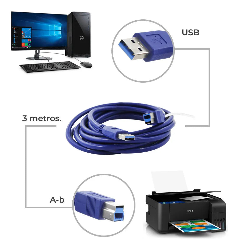 Cable Usb 3.0 A-b Para Impresora O Disco Duro 3m