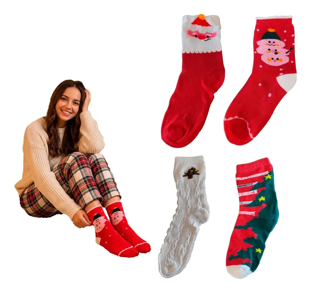 Set De Calcetas Navideñas Térmicas Para Toda La Familia Rojo Único