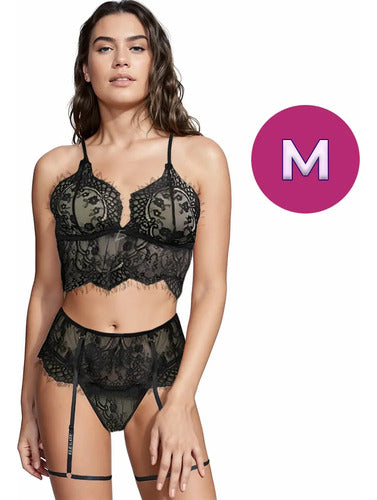 Conjunto De Lencería De Dos Piezas De Encaje Con Liguero - M Negro M