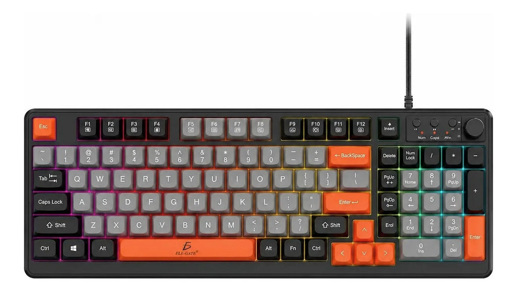 Teclado gamer USB con perilla multimedia y luz arcoíris