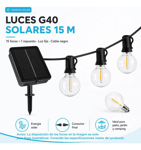 Guirnalda Solar G40 De 15 M Con 15 Focos Y 1 De Repuesto Negro