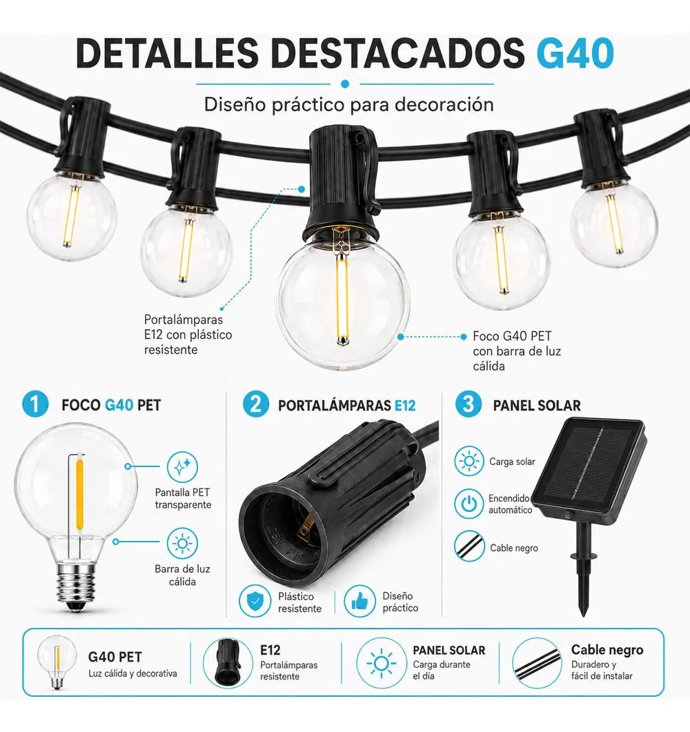 Guirnalda Solar G40 De 7.5 M Con 10 Focos Luz Cálida Y Negro