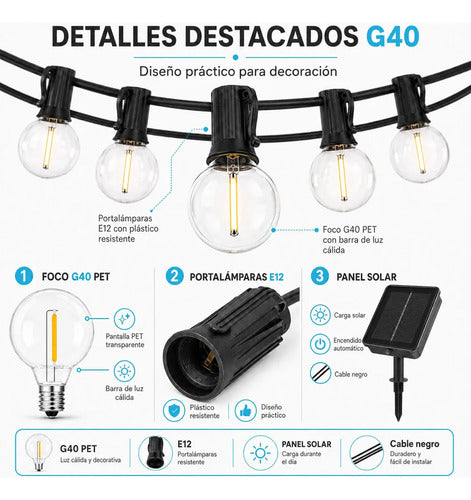 Guirnalda Solar G40 De 7.5 M Con 10 Focos Luz Cálida Y Negro