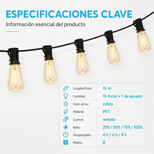 Guirnalda Luces 15 M Control Remoto 15 Focos + 1 Repuesto Amarillo