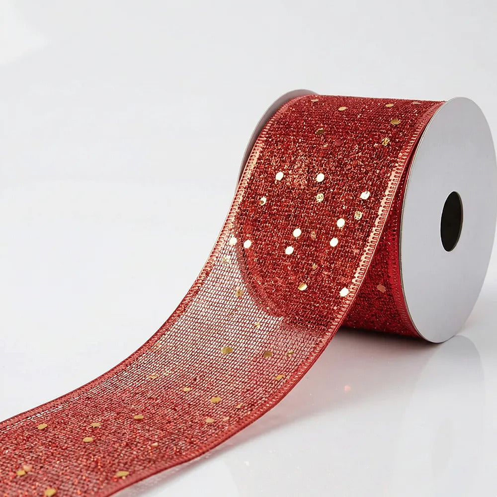 Listón Brilloso De Tela Con Destellos Dorado Plateado Y Rojo