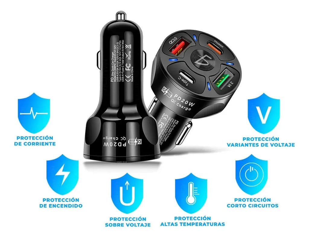 Multicargador Para Automovil Coche Qc3.0 Pd 20w Usb3.1a