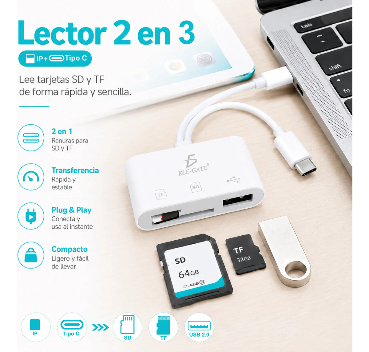 Lector de tarjetas SD y TF con USB-C y para Lightning