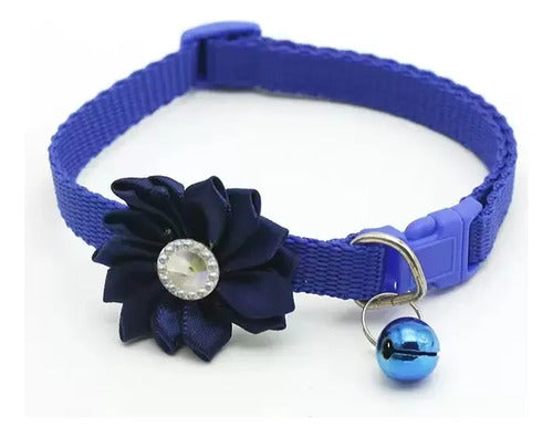 Collar Ajustable Con Flor Y Cascabel Para Perro Y Gato Azul