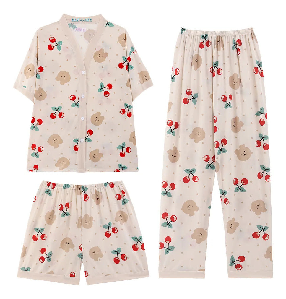 Set De Pijama De 3 Piezas Kawai Fresca Y Ligera Con Estilo Crema Xxxl