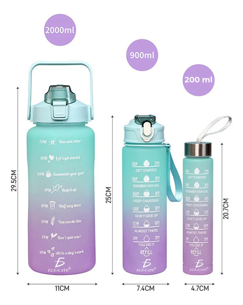 Botellas Vasos 3en Trio Motivacional Agua Popote Gym