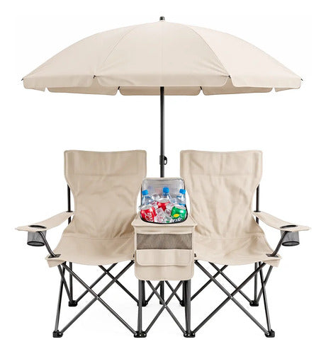 Silla Doble Plegable Con Sombrilla Desmontable Hielera Y