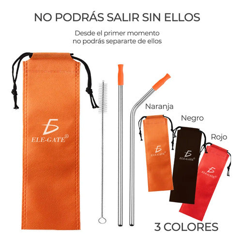 2 Popotes Y 1 Cepillos Acero Inoxidable Metal 21 Cm