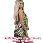 Pijama sexy de satén con estampado de elefantes para mujer verde musgo L