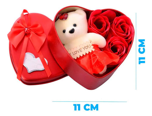 Corazon De Lata Con Osito Decorativo Y Rosas De Jabón Regalo