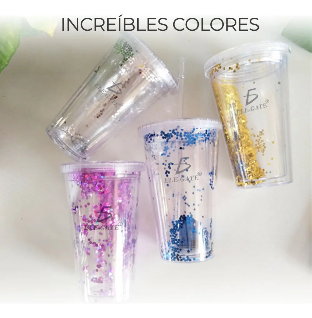 Vaso termo acrilico glitter tornasol 420 ml con popote
