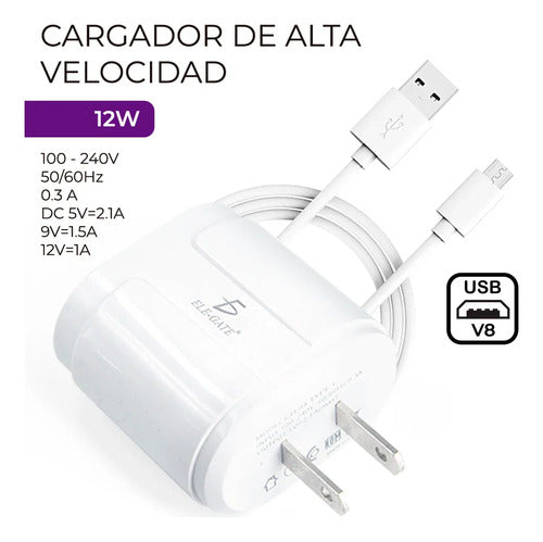 Cargador Rapido Usb 5v 2.1a Con Cable De Micro V8