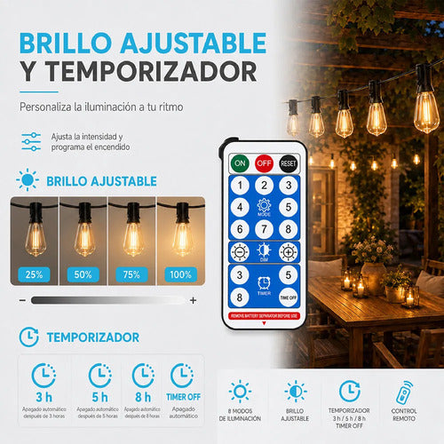Guirnalda Luces 15 M Control Remoto 15 Focos + 1 Repuesto Amarillo