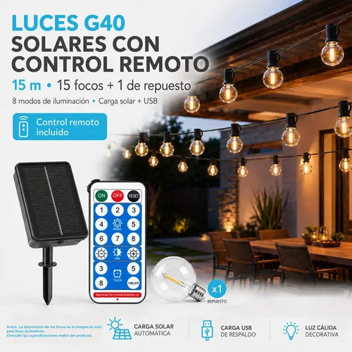Guirnalda Solar G40 De 15 M Con 15 Focos Y Control Remoto Blanco Cálido