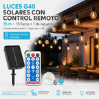 Guirnalda Solar G40 De 15 M Con 15 Focos Y Control Remoto Blanco Cálido