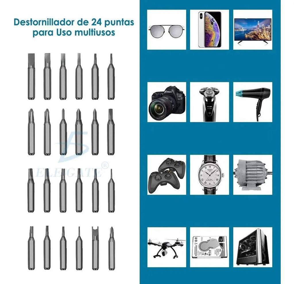 Destornilladores Mini Eléctricos Kit 24 Puntas 3 Led Color Plateado Herramienta Ele-gate