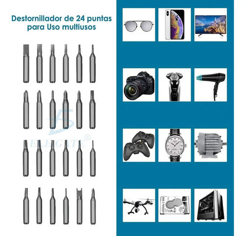 Destornilladores Mini Eléctricos Kit 24 Puntas 3 Led Color Plateado Herramienta Ele-gate