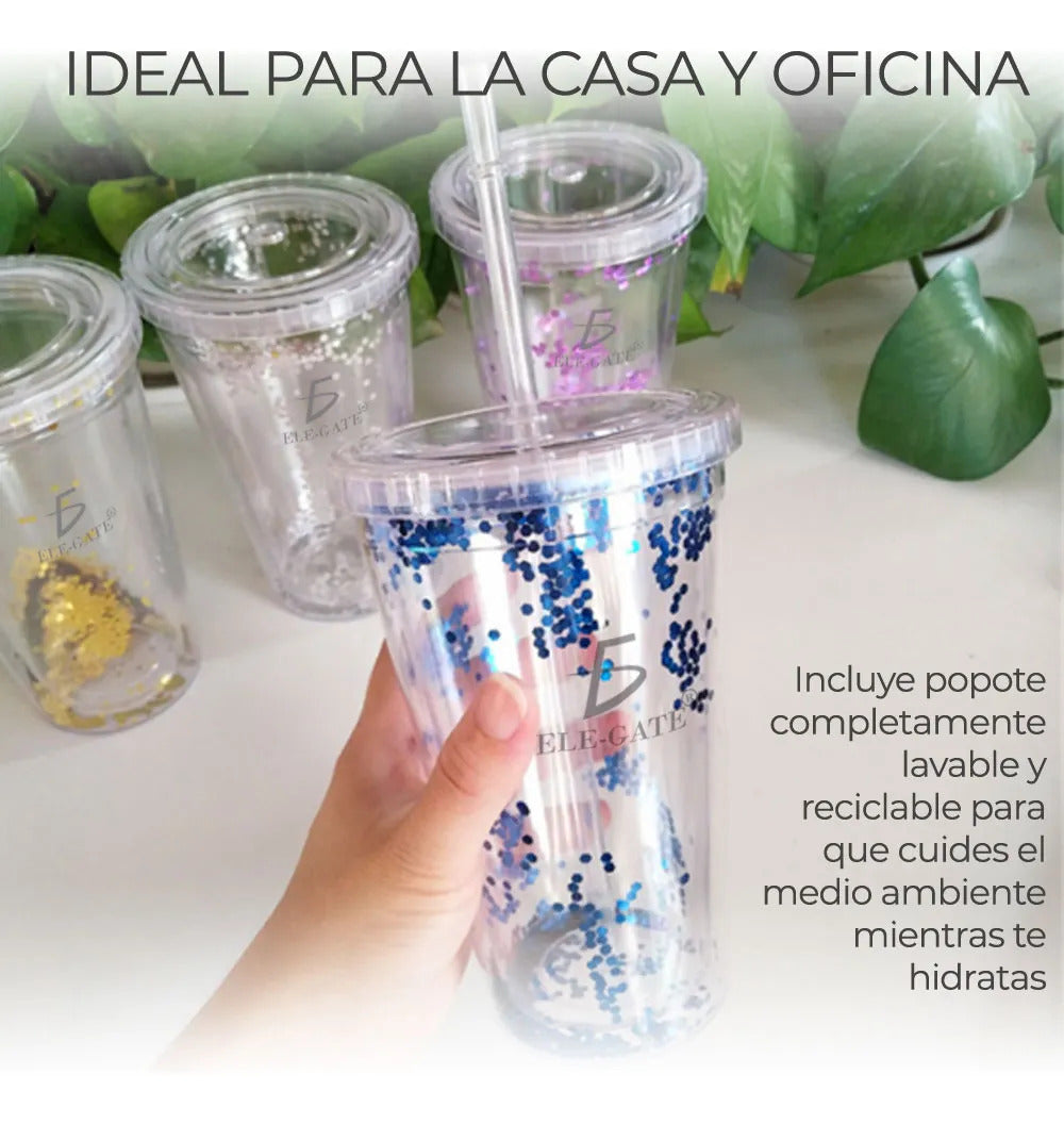 Vaso termo acrilico glitter tornasol 420 ml con popote